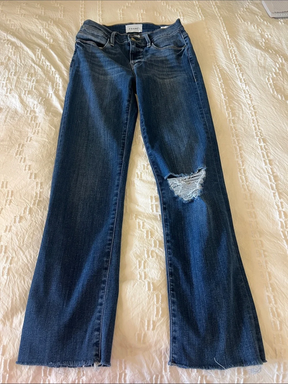 Frame Denim Jeans Le High Straight-Leg Knee Distress Blue 26 Ankle Fray Hem